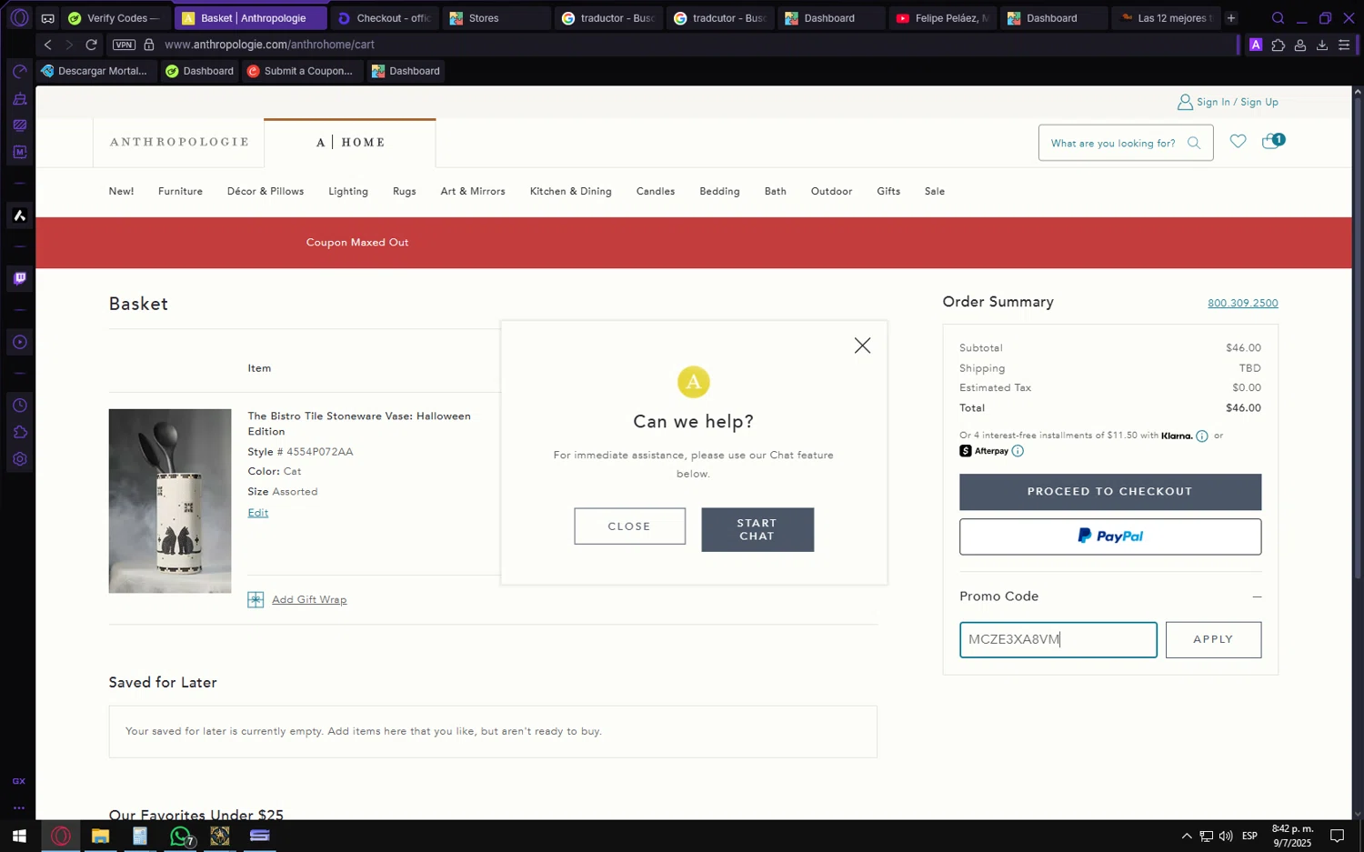 Anthropologie promo code screenshot showing code MCZE3XA8VM applied at Anthropologie checkout page. Uploaded by SimplyCodes community member QuestShopper227 on Jul 10, 2025