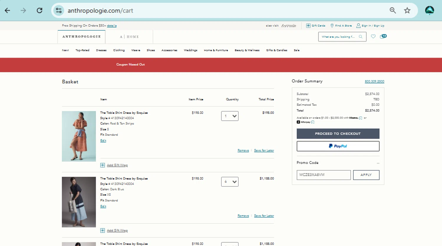 Anthropologie promo code screenshot showing code MCZE3XA8VM applied at Anthropologie checkout page. Uploaded by SimplyCodes community member ingri85 on Jul 10, 2025