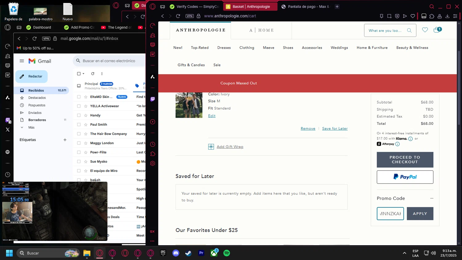 Anthropologie promo code screenshot showing code MNNZKAKFHV applied at Anthropologie checkout page. Uploaded by SimplyCodes community member Billyyou on Jul 23, 2025
