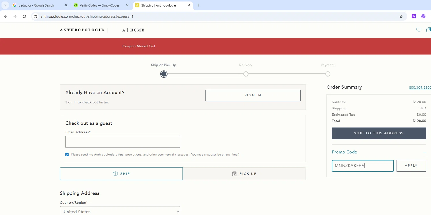 Anthropologie promo code screenshot showing code MNNZKAKFHV applied at Anthropologie checkout page. Uploaded by SimplyCodes community member MightyMaven4946 on Jul 23, 2025