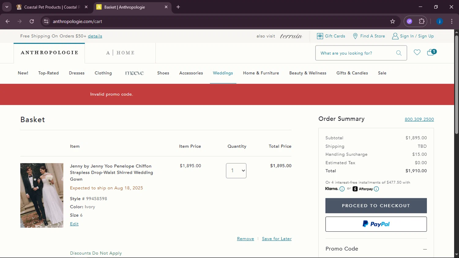 Anthropologie promo code screenshot showing code Enjoy15%OFF applied at Anthropologie checkout page. Uploaded by SimplyCodes community member RoyalMaestro2129 on Aug 4, 2025