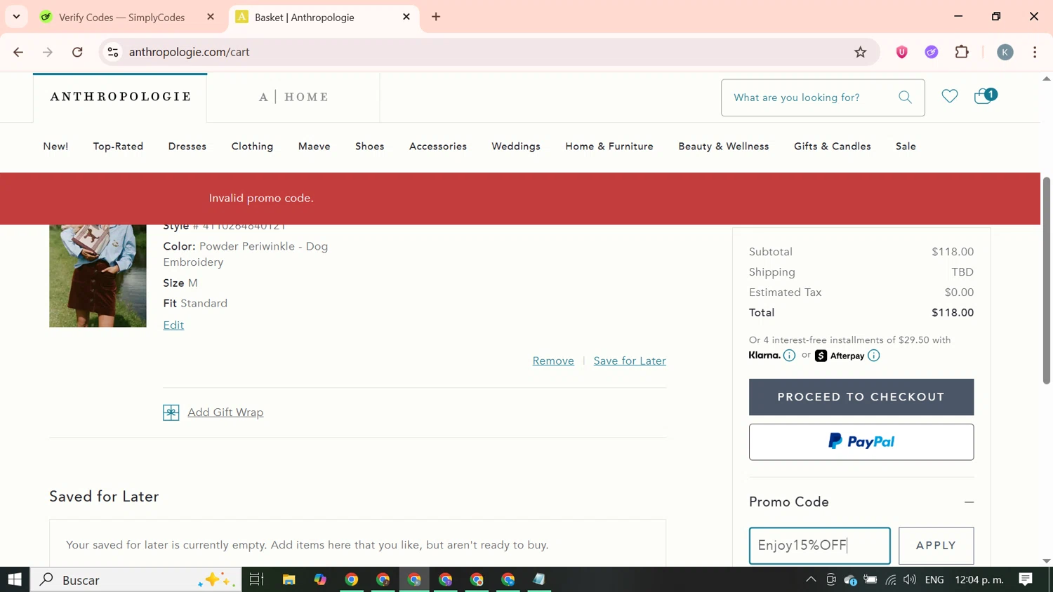 Anthropologie promo code screenshot showing code Enjoy15%OFF applied at Anthropologie checkout page. Uploaded by SimplyCodes community member SavingsBoss9912 on Aug 4, 2025