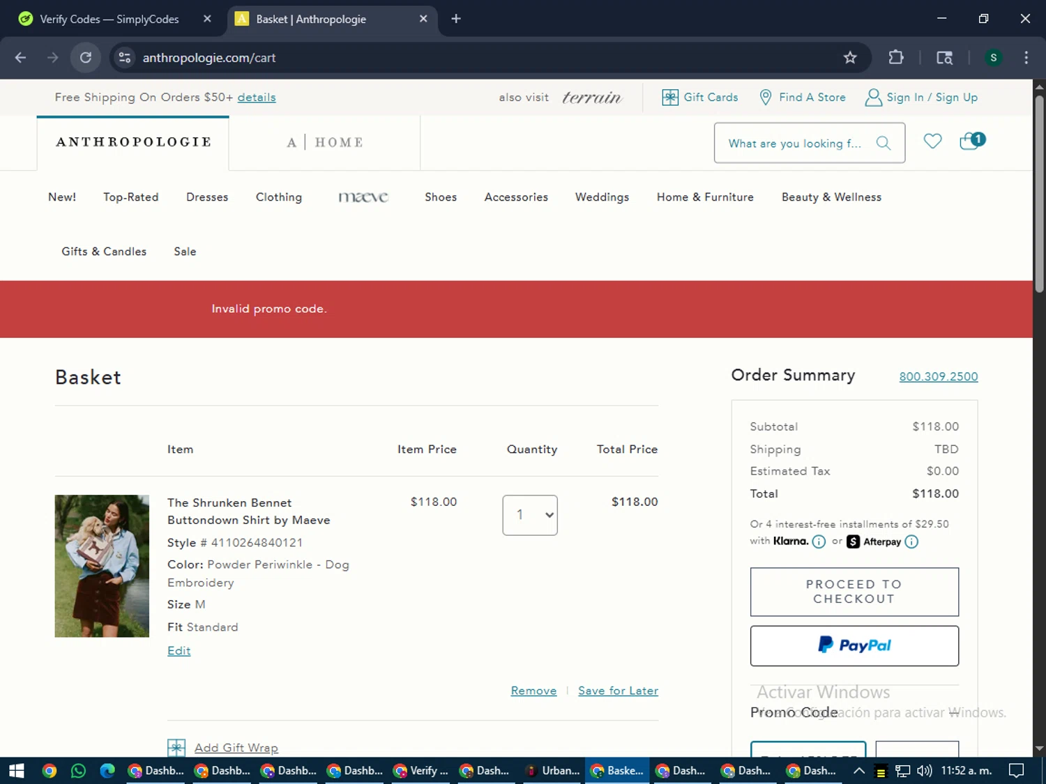Anthropologie promo code screenshot showing code Enjoy15%OFF applied at Anthropologie checkout page. Uploaded by SimplyCodes community member lilMosey on Aug 4, 2025