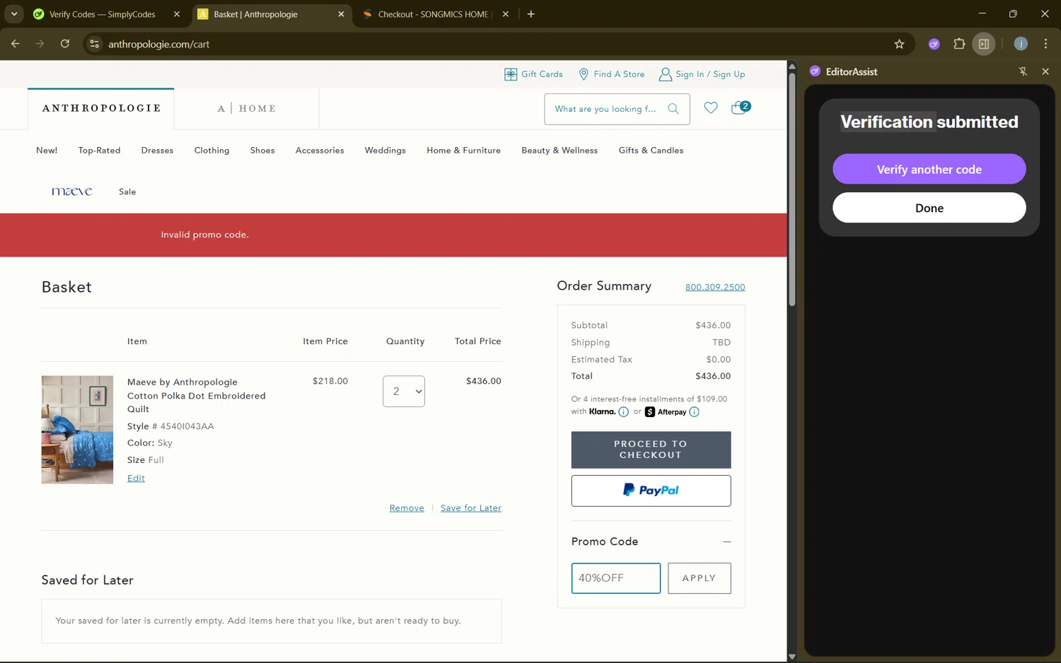 Anthropologie promo code screenshot showing code 40%OFF applied at Anthropologie checkout page. Uploaded by SimplyCodes community member frijolito on Aug 25, 2025