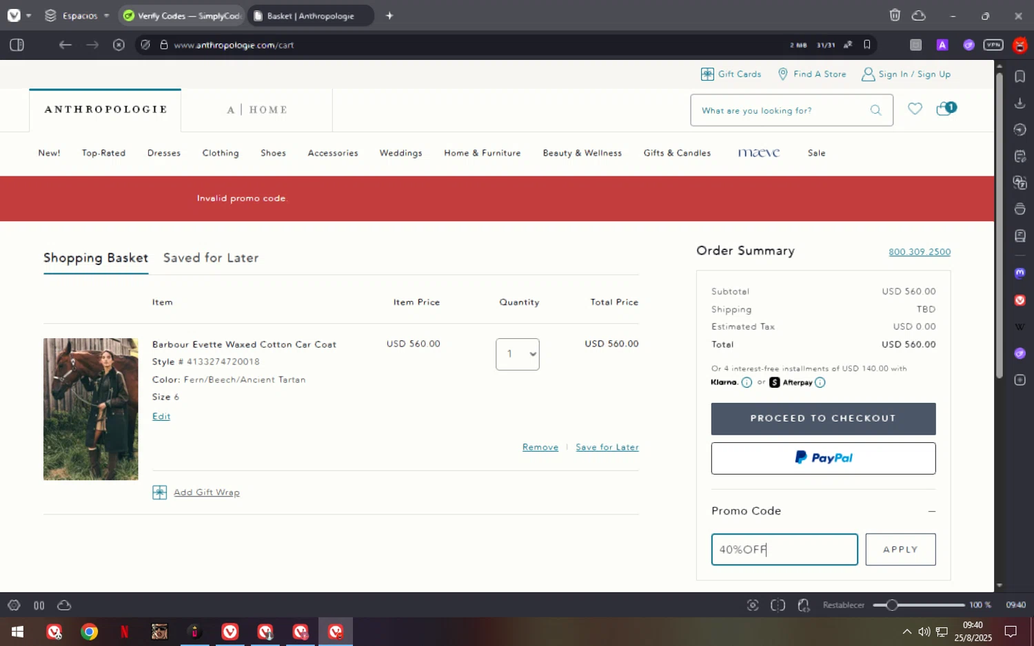 Anthropologie promo code screenshot showing code 40%OFF applied at Anthropologie checkout page. Uploaded by SimplyCodes community member fuguettt on Aug 25, 2025