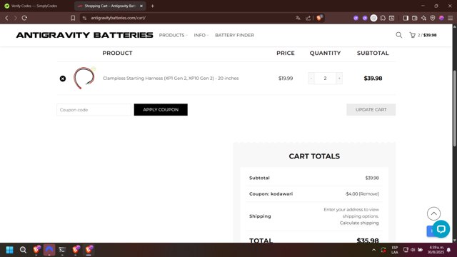 Antigravity Batteries checkout page showing Antigravity Batteries coupon code box | Screenshot taken by SimplyCodes community member on Aug 30, 2025