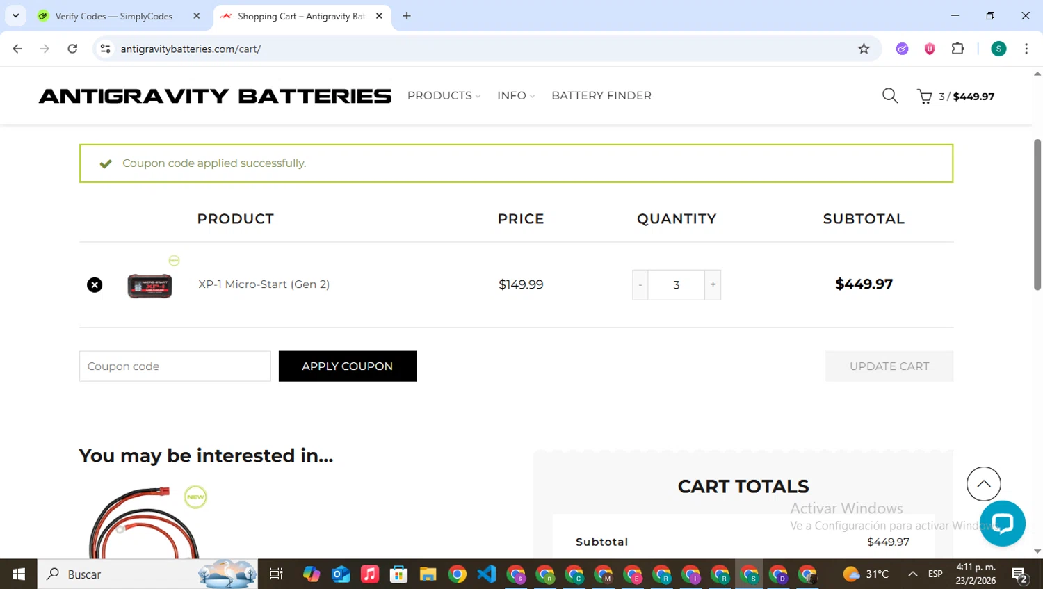 Antigravity Batteries promo code screenshot showing code Mh10 applied at Antigravity Batteries checkout page. Uploaded by SimplyCodes community member VictoriousPilot5281 on Feb 23, 2026