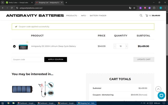 Antigravity Batteries checkout page showing Antigravity Batteries coupon code box | Screenshot taken by SimplyCodes community member on Aug 22, 2025
