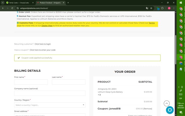 Antigravity Batteries checkout page showing Antigravity Batteries coupon code box | Screenshot taken by SimplyCodes community member on Aug 30, 2025