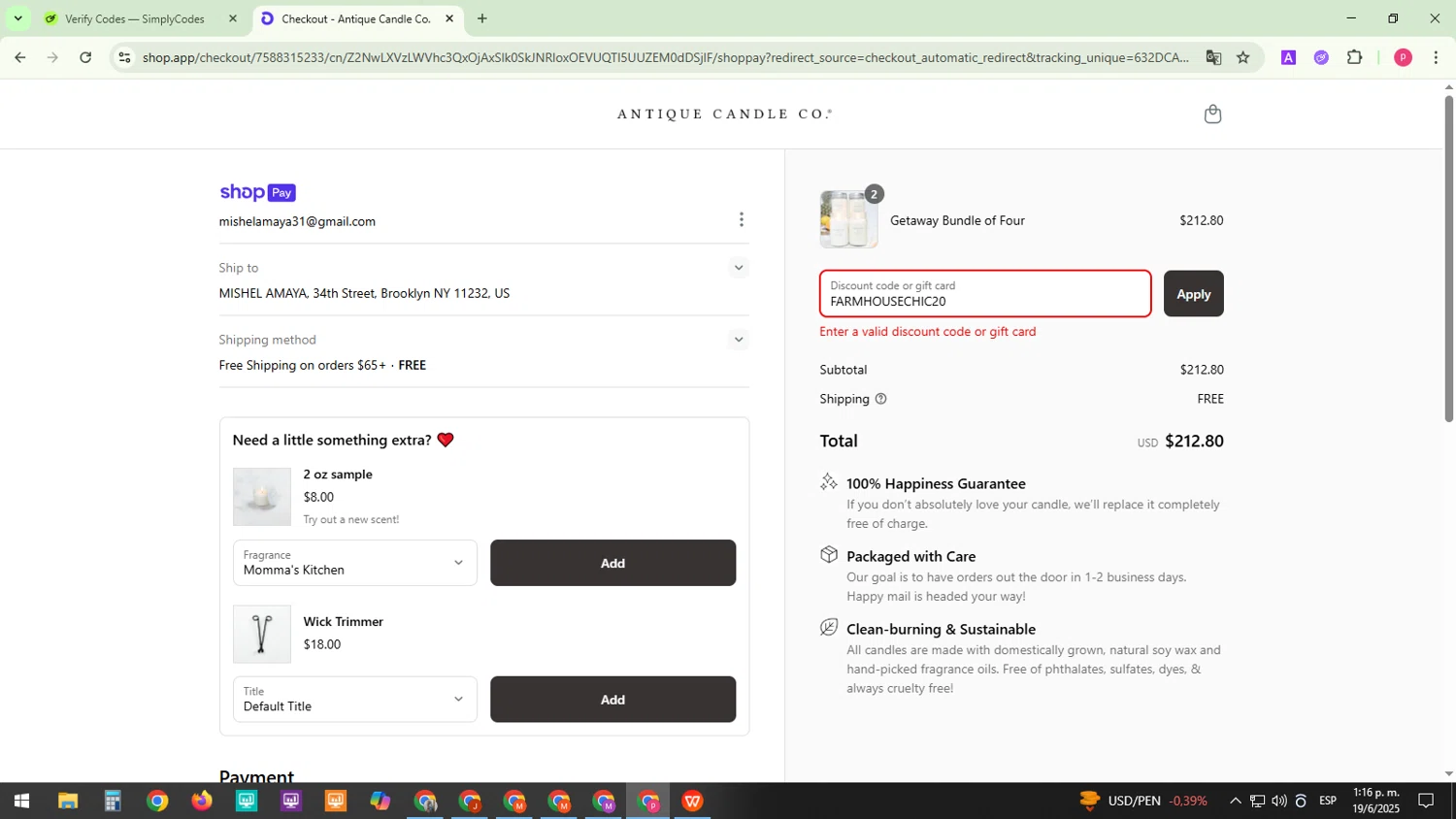 Antique Candle Works promo code screenshot showing code FARMHOUSECHIC20 applied at Antique Candle Works checkout page. Uploaded by SimplyCodes community member Junior13 on Jun 19, 2025