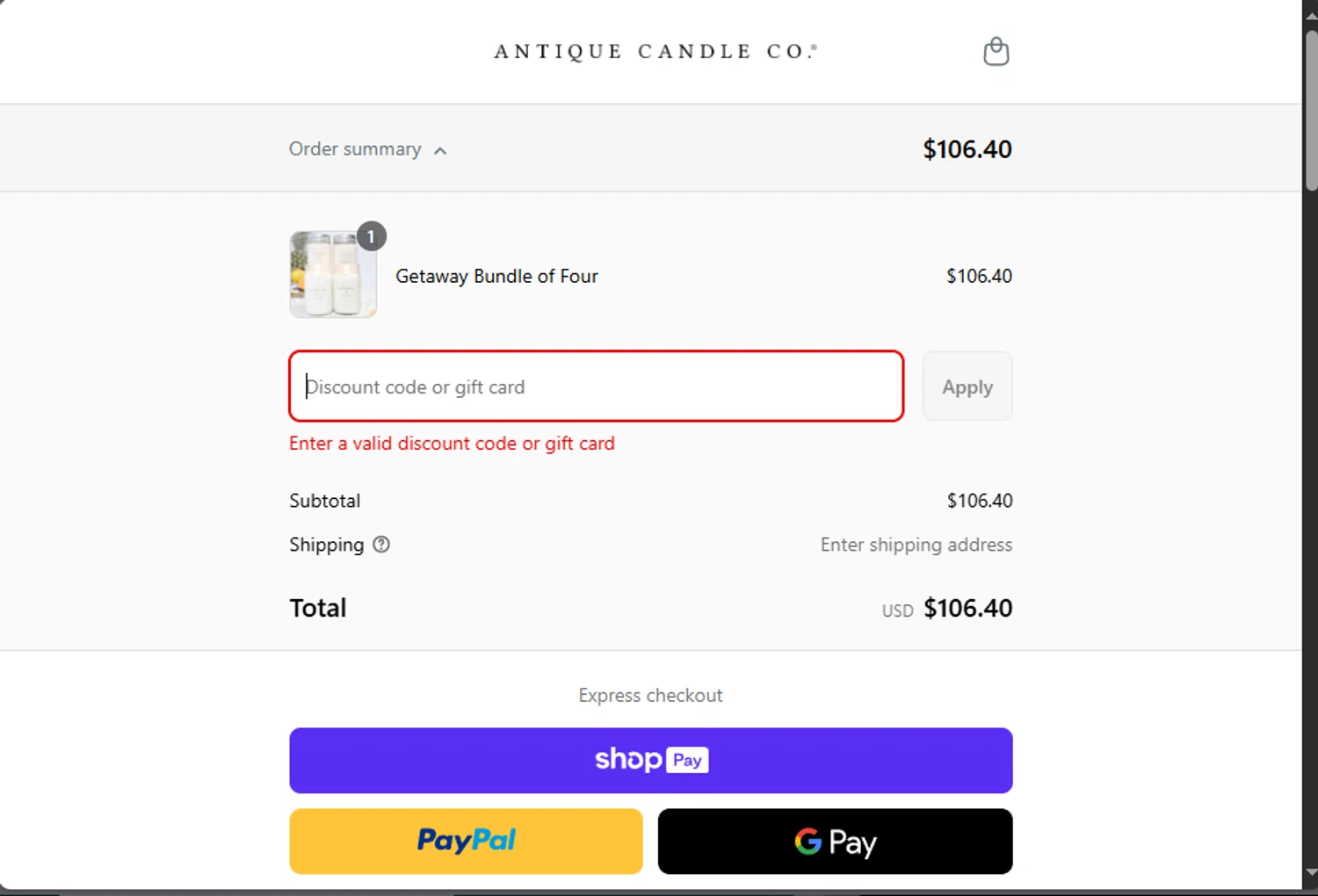Antique Candle Works promo code screenshot showing code FARMHOUSECHIC20 applied at Antique Candle Works checkout page. Uploaded by SimplyCodes community member jupitera on Jun 19, 2025