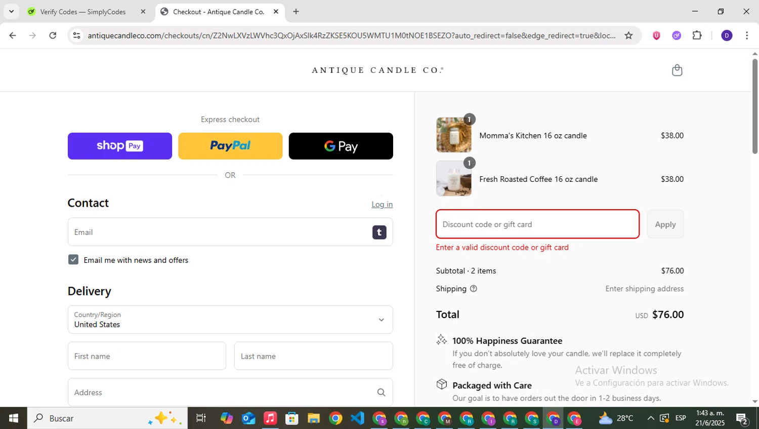 Antique Candle Works promo code screenshot showing code Sodano20 applied at Antique Candle Works checkout page. Uploaded by SimplyCodes community member PrimeNavigator3251 on Jun 21, 2025