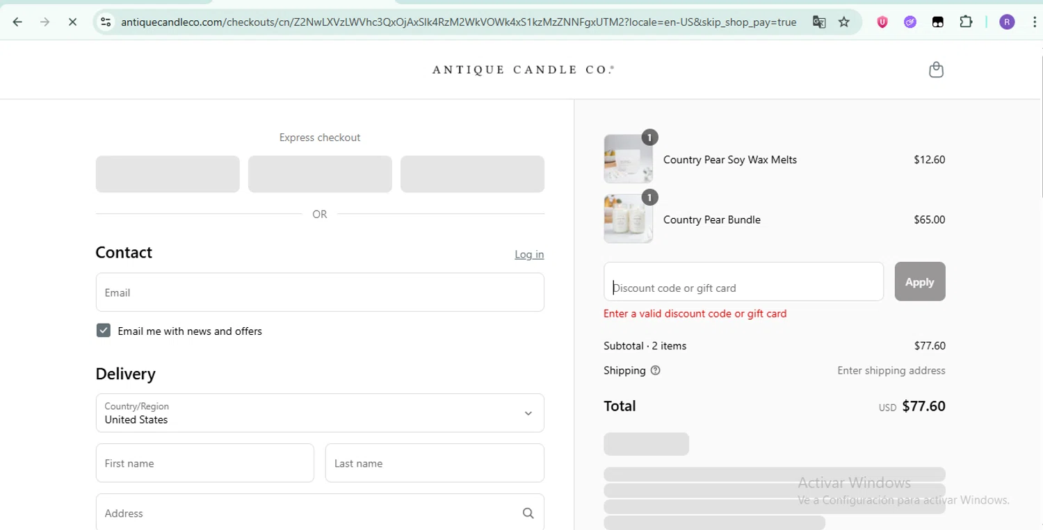 Antique Candle Works promo code screenshot showing code Sodano20 applied at Antique Candle Works checkout page. Uploaded by SimplyCodes community member ShrewdTiger1887 on Jun 21, 2025