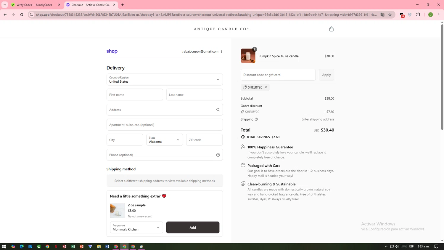 Antique Candle Works promo code screenshot showing code shelby20 applied at Antique Candle Works checkout page. Uploaded by SimplyCodes community member MoneyMaven8597 on Sep 15, 2025