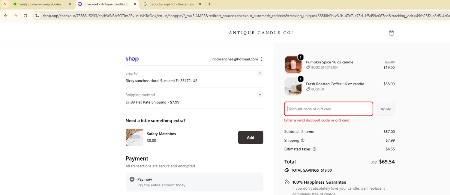 Antique Candle Works promo code screenshot showing code shelby20 applied at Antique Candle Works checkout page. Uploaded by SimplyCodes community member ScanGenius949 on Sep 19, 2025