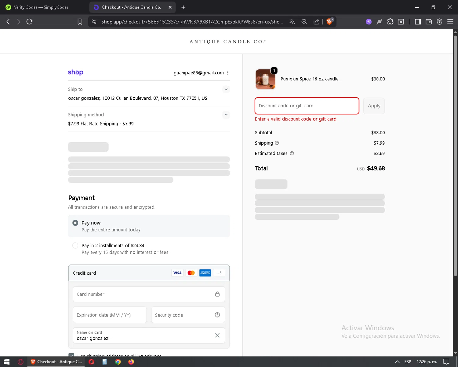 Antique Candle Works promo code screenshot showing code shelby20 applied at Antique Candle Works checkout page. Uploaded by SimplyCodes community member mixelis on Sep 19, 2025