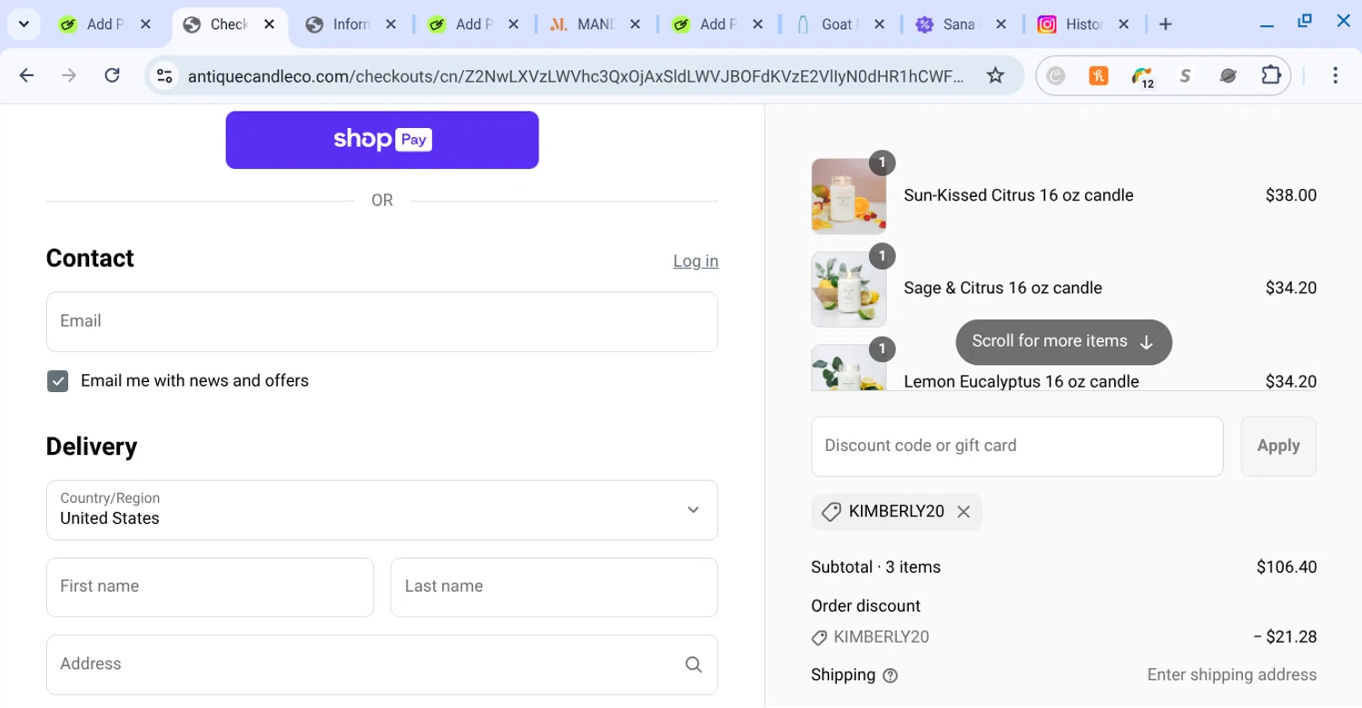 Antique Candle Works promo code screenshot showing code kimberly20 applied at Antique Candle Works checkout page. Uploaded by SimplyCodes community member KarinaHZ on May 31, 2025