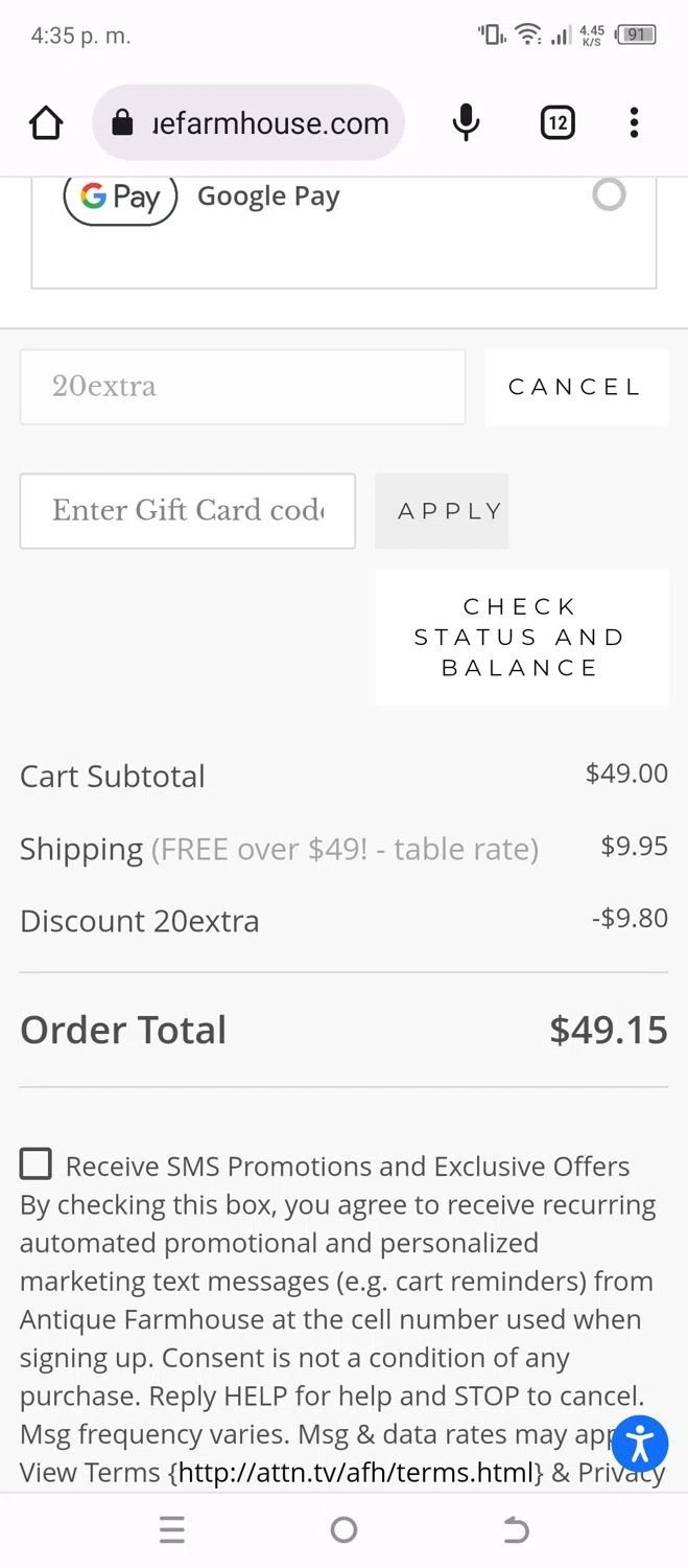 where to use Antique Farm House promo code box