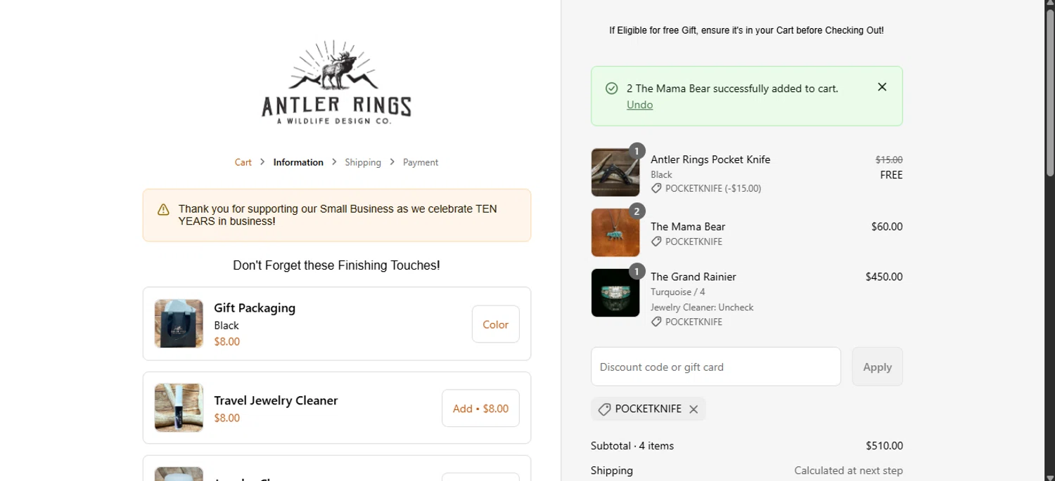 Antler Rings discount code screenshot showing code POCKETKNIFE applied at Antler Rings checkout page. Uploaded by SimplyCodes community member ______________ on Sep 12, 2025