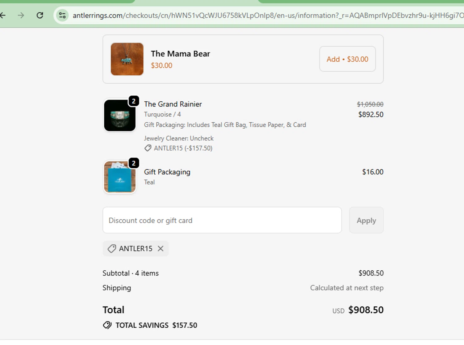 Antler Rings checkout page showing Antler Rings discount code box | Screenshot taken by SimplyCodes community member on Nov 7, 2025