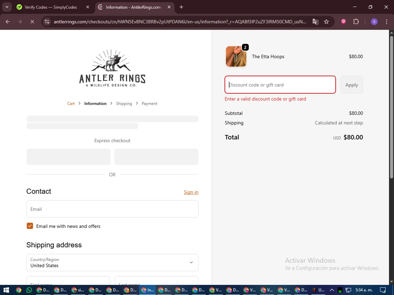 Antler Rings discount code screenshot showing code ANTLER15 applied at Antler Rings checkout page. Uploaded by SimplyCodes community member LuckyVoyager688 on Nov 13, 2025