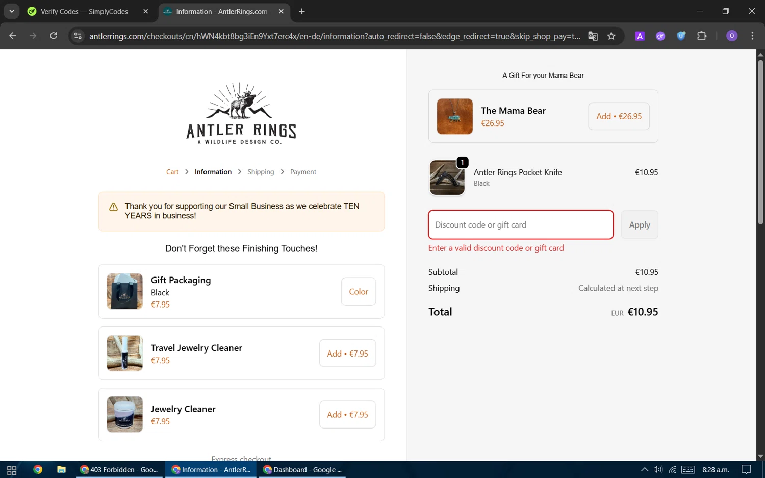 Antler Rings discount code screenshot showing code POCKETKNIFE applied at Antler Rings checkout page. Uploaded by SimplyCodes community member BudgetHawk9503 on Oct 31, 2025