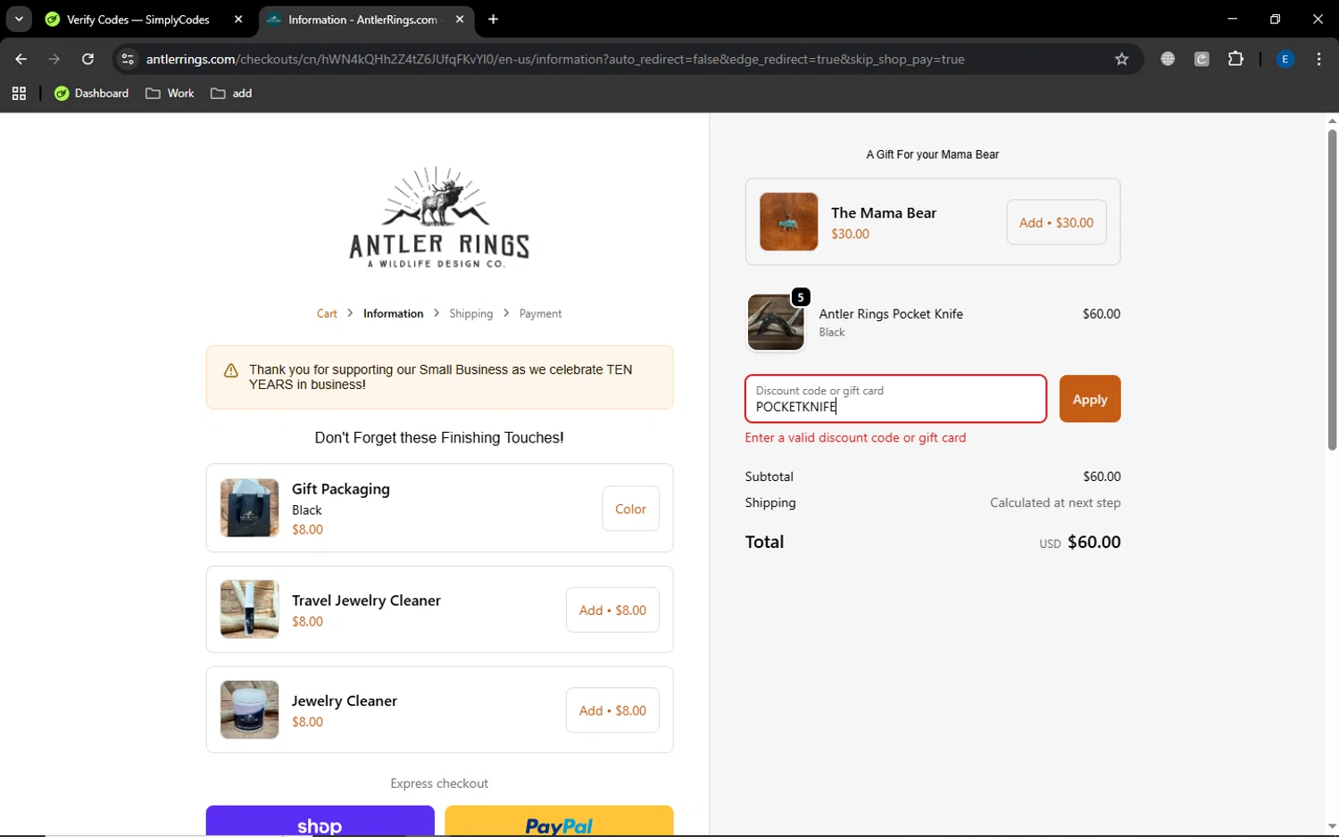 Antler Rings discount code screenshot showing code POCKETKNIFE applied at Antler Rings checkout page. Uploaded by SimplyCodes community member MoneyGenius452 on Oct 31, 2025