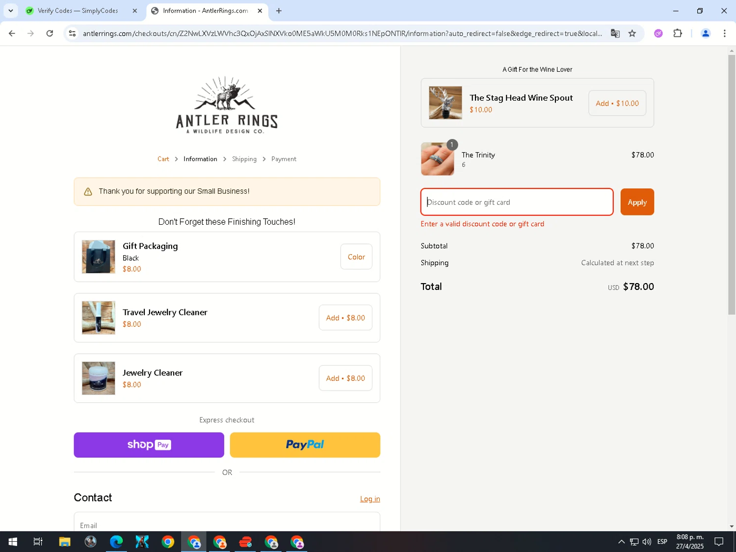 Antler Rings discount code screenshot showing code EASTER20 applied at Antler Rings checkout page. Uploaded by SimplyCodes community member PromoMonarch895 on Apr 28, 2025