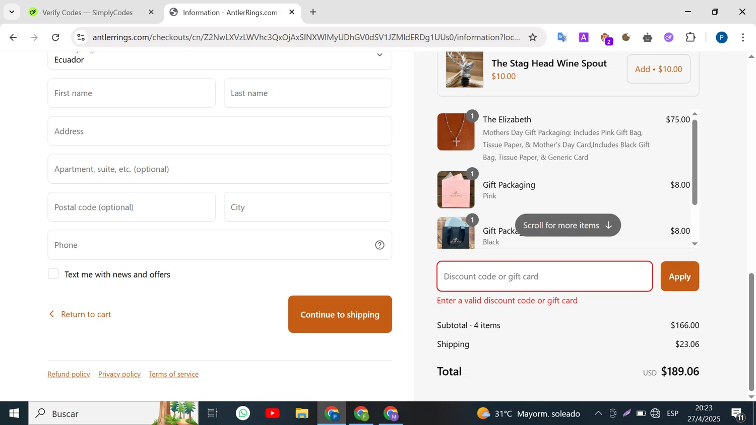 Antler Rings discount code screenshot showing code EASTER20 applied at Antler Rings checkout page. Uploaded by SimplyCodes community member BrilliantMaven4588 on Apr 28, 2025