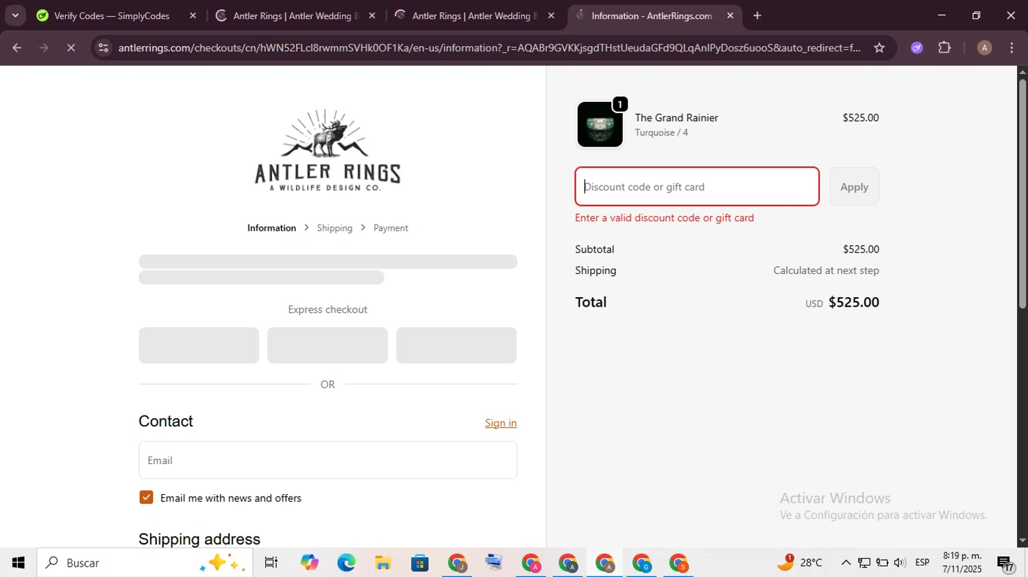 Antler Rings discount code screenshot showing code THANKS15 applied at Antler Rings checkout page. Uploaded by SimplyCodes community member BargainGenius8397 on Nov 8, 2025