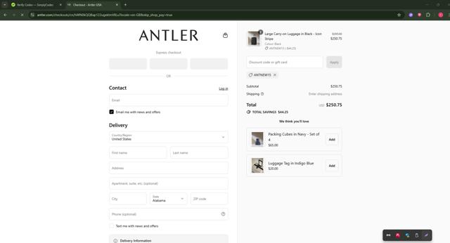 Antler US checkout page showing Antler US promo code box | Screenshot taken by SimplyCodes community member on Jul 18, 2025