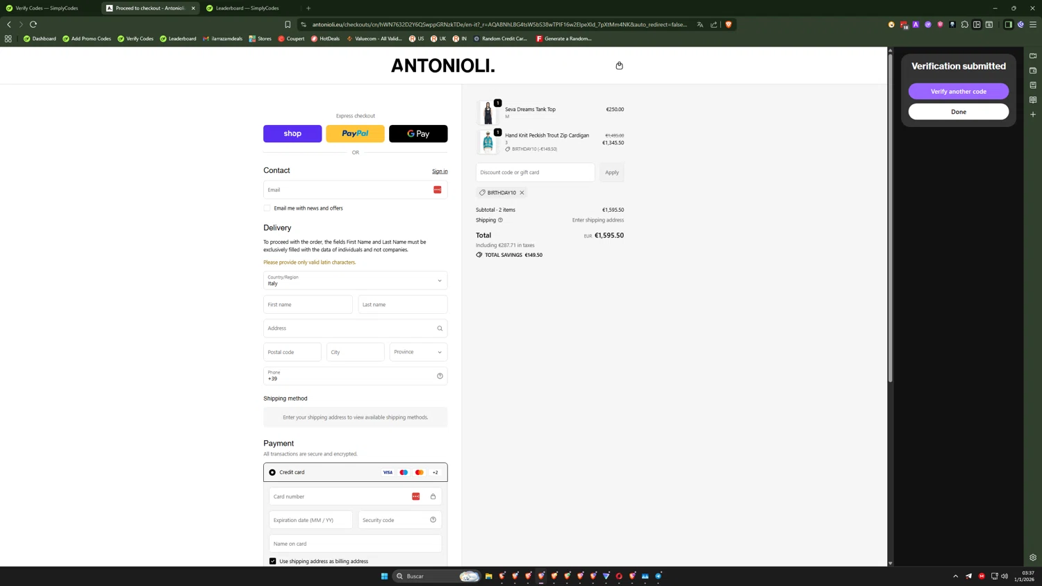 Antonioli discount code screenshot showing code BIRTHDAY10 applied at Antonioli checkout page. Uploaded by SimplyCodes community member ilarrazaM4 on Jan 1, 2026