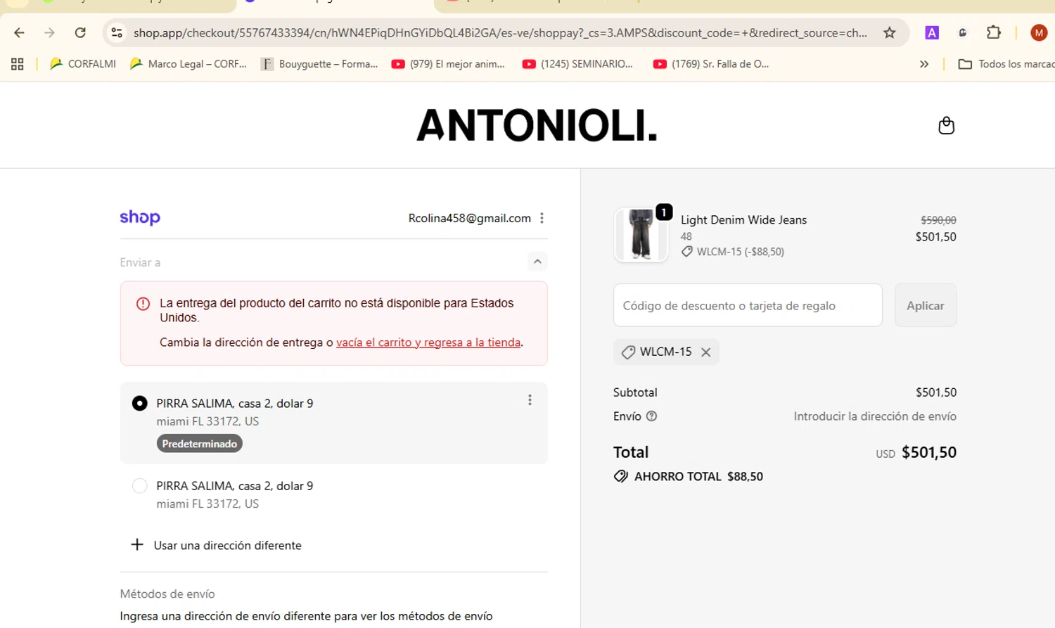 Antonioli discount code screenshot showing code WLCM-15 applied at Antonioli checkout page. Uploaded by SimplyCodes community member DeathBone on Oct 17, 2025