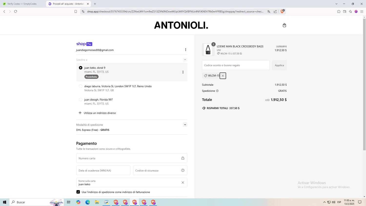Antonioli discount code screenshot showing code WLCM-15 applied at Antonioli checkout page. Uploaded by SimplyCodes community member KILLUA on Feb 13, 2025