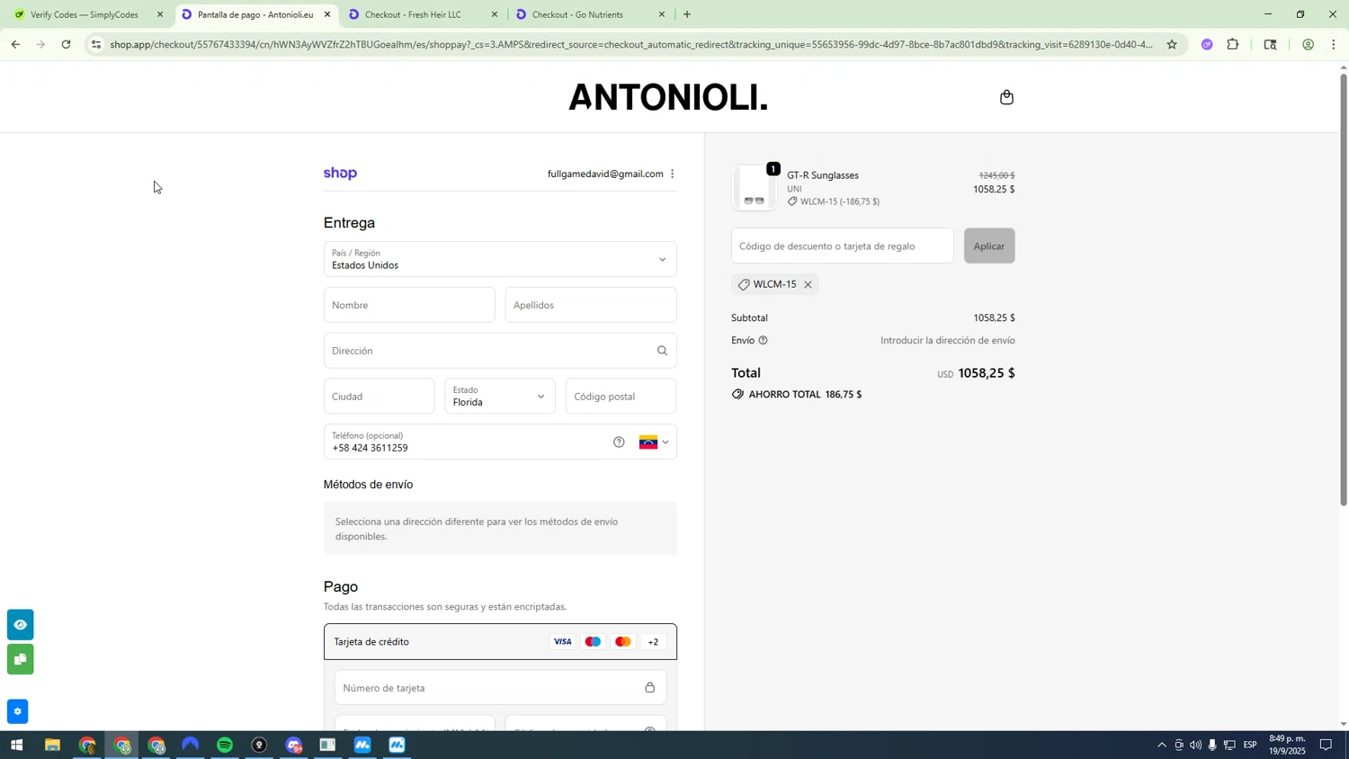 Antonioli discount code screenshot showing code WLCM-15 applied at Antonioli checkout page. Uploaded by SimplyCodes community member sfdfgdsfgdfgdfg on Sep 20, 2025