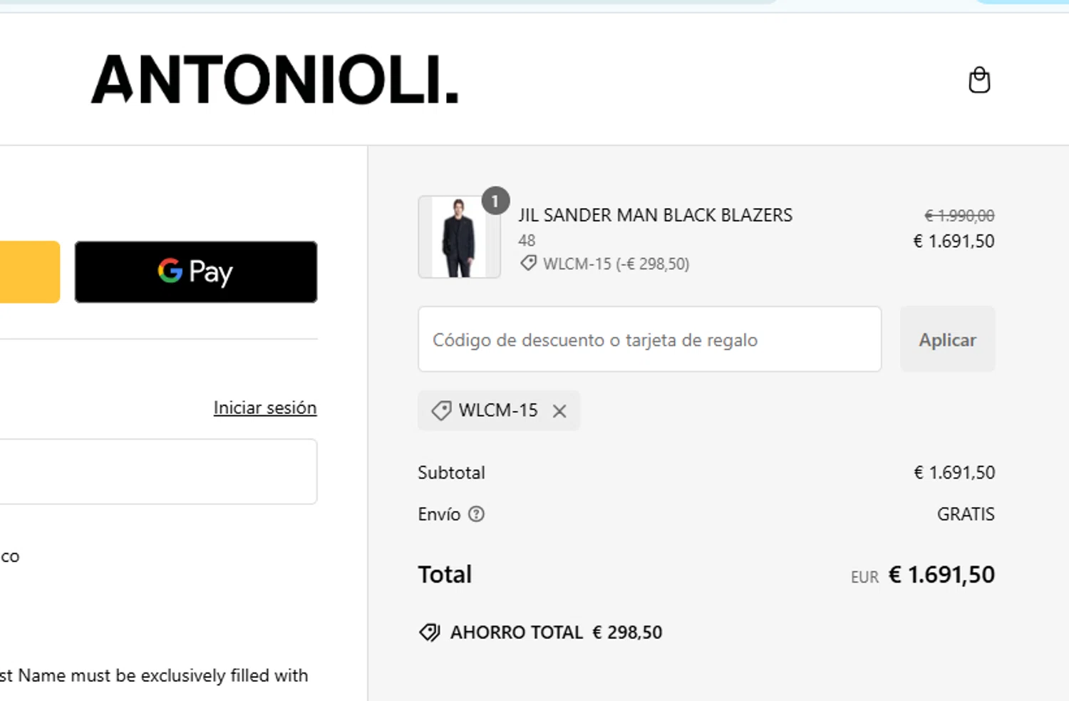 Antonioli discount code screenshot showing code WLCM-15 applied at Antonioli checkout page. Uploaded by SimplyCodes community member VoucherHero6322 on Jan 28, 2025