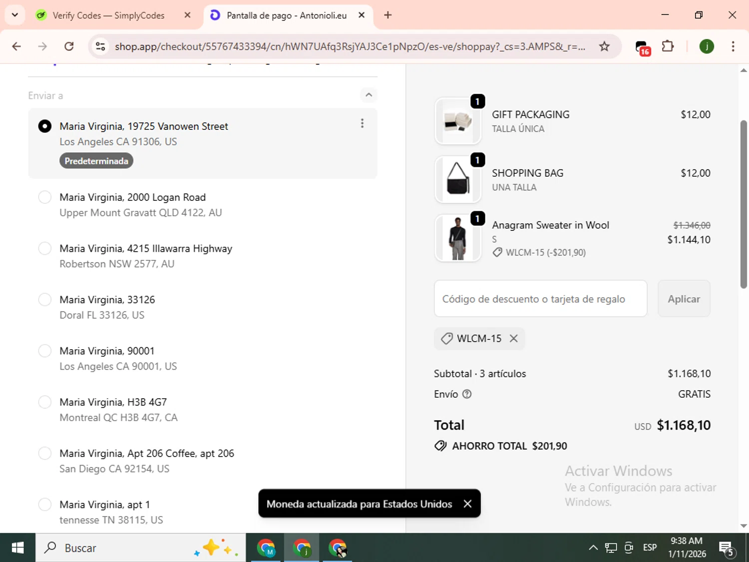Antonioli discount code screenshot showing code WLCM-15 applied at Antonioli checkout page. Uploaded by SimplyCodes community member SavingsCollector2592 on Jan 11, 2026