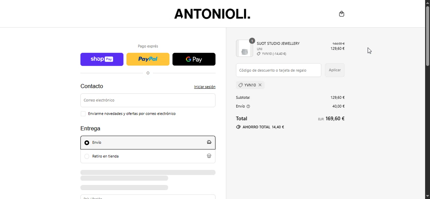 Antonioli discount code screenshot showing code YVN10 applied at Antonioli checkout page. Uploaded by SimplyCodes community member Bendito on Jul 13, 2025