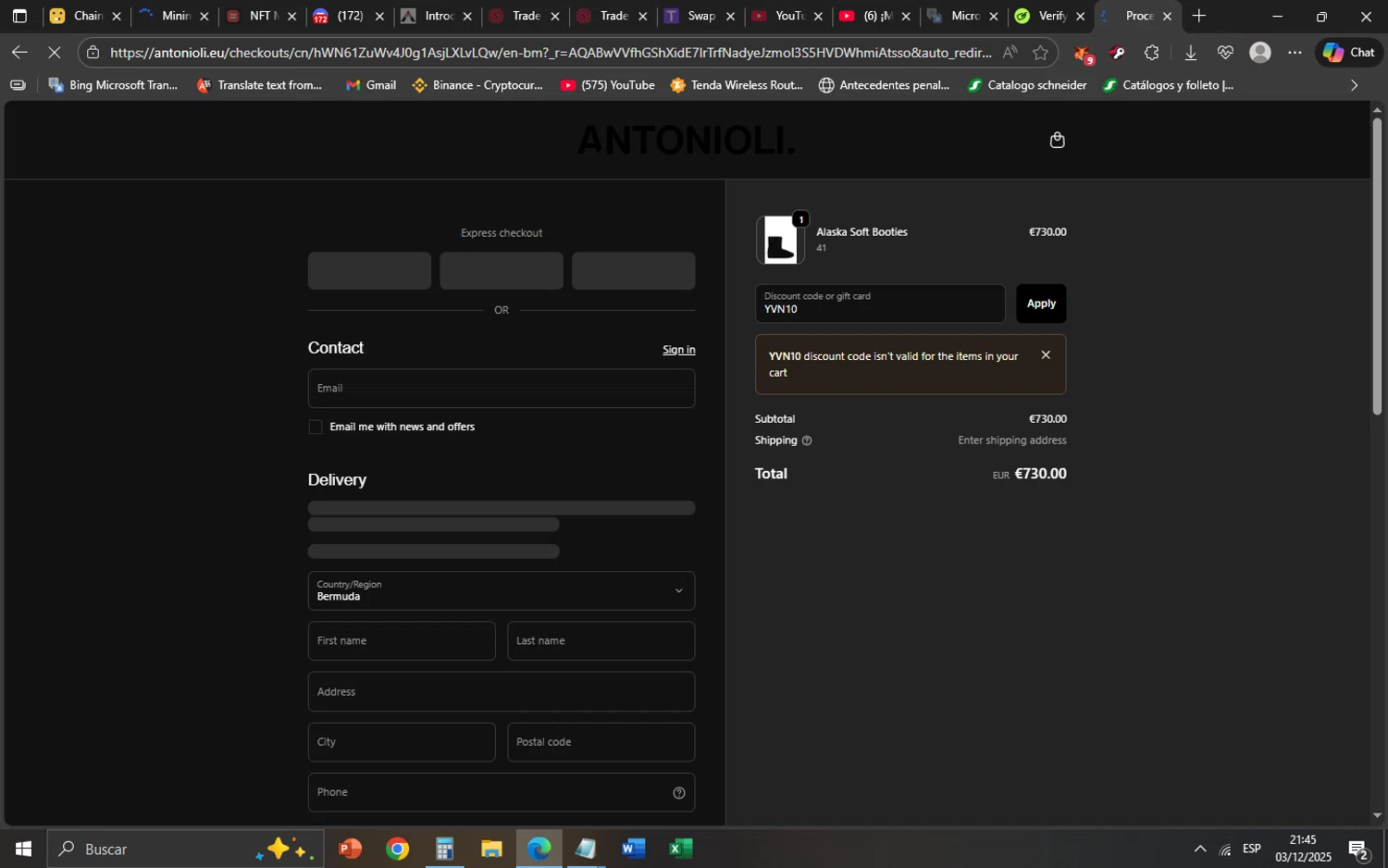 Antonioli discount code screenshot showing code YVN10 applied at Antonioli checkout page. Uploaded by SimplyCodes community member SaskeUchiha on Dec 4, 2025