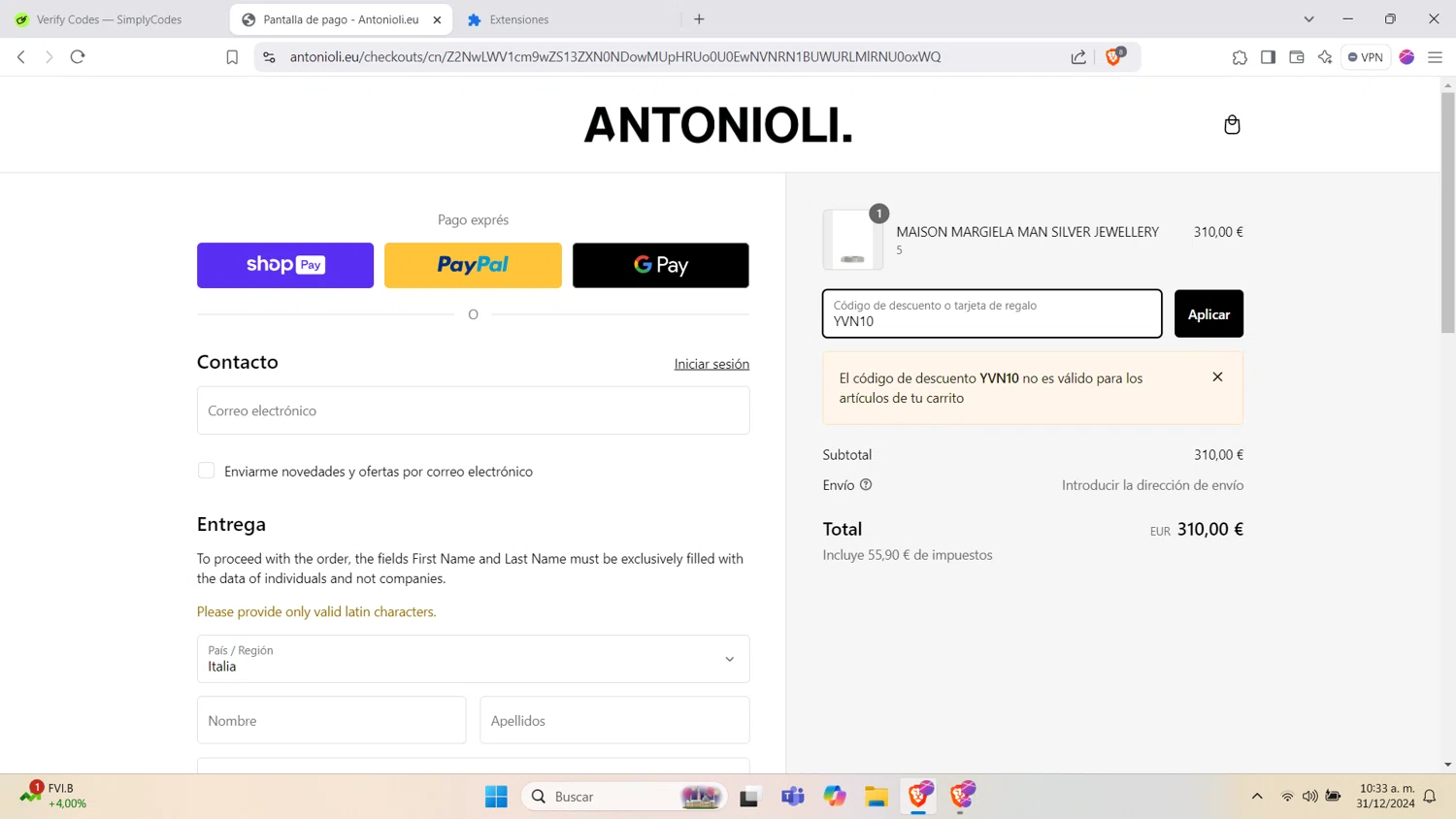 Antonioli discount code screenshot showing code YVN10 applied at Antonioli checkout page. Uploaded by SimplyCodes community member missfortu on Dec 31, 2024