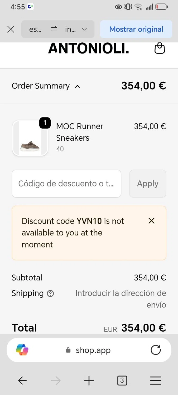 Antonioli discount code screenshot showing code YVN10 applied at Antonioli checkout page. Uploaded by SimplyCodes community member Xx_Cogeburras3000_xX on Dec 27, 2025