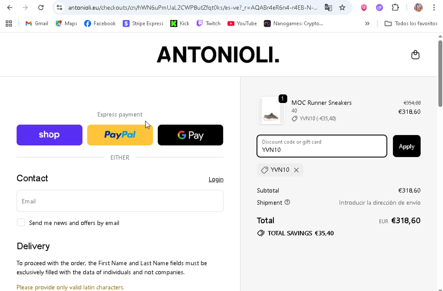 Antonioli discount code screenshot showing code YVN10 applied at Antonioli checkout page. Uploaded by SimplyCodes community member ronaldhernandez on Dec 27, 2025
