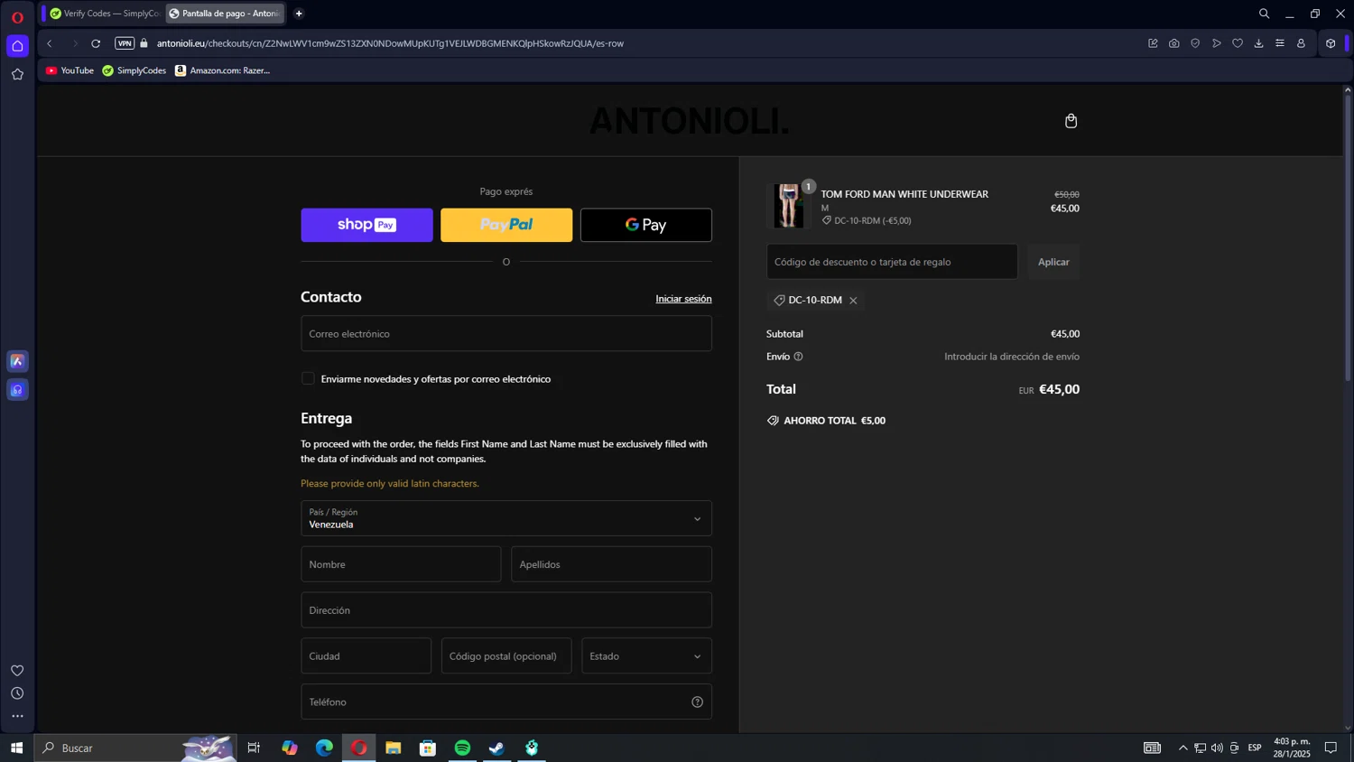Antonioli discount code screenshot showing code DC-10-RDM applied at Antonioli checkout page. Uploaded by SimplyCodes community member Gojira on Jan 28, 2025