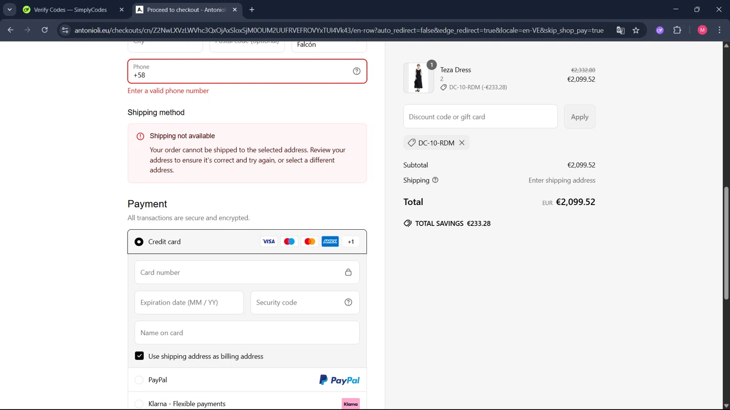 Antonioli discount code screenshot showing code DC-10-RDM applied at Antonioli checkout page. Uploaded by SimplyCodes community member ValueCollector4159 on Jun 30, 2025