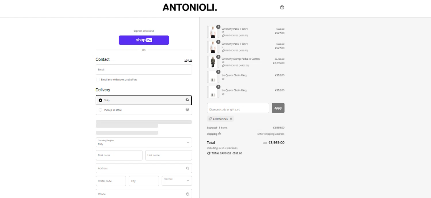Antonioli discount code screenshot showing code BIRTHDAY15 applied at Antonioli checkout page. Uploaded by SimplyCodes community member obito1234 on Jul 11, 2025