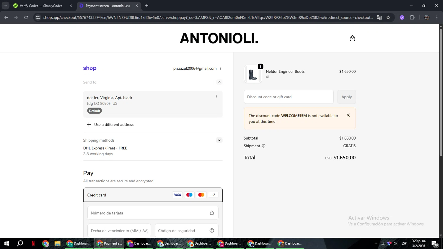 Antonioli checkout page showing Antonioli discount code box | Screenshot taken by SimplyCodes community member on Feb 4, 2026
