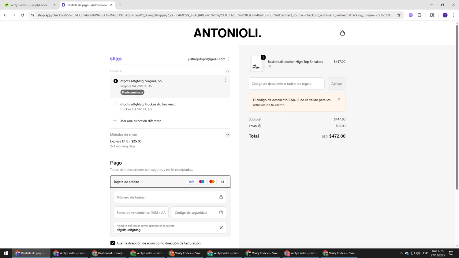 Antonioli discount code screenshot showing code Cab-15 applied at Antonioli checkout page. Uploaded by SimplyCodes community member AberthGotopo on Dec 27, 2025
