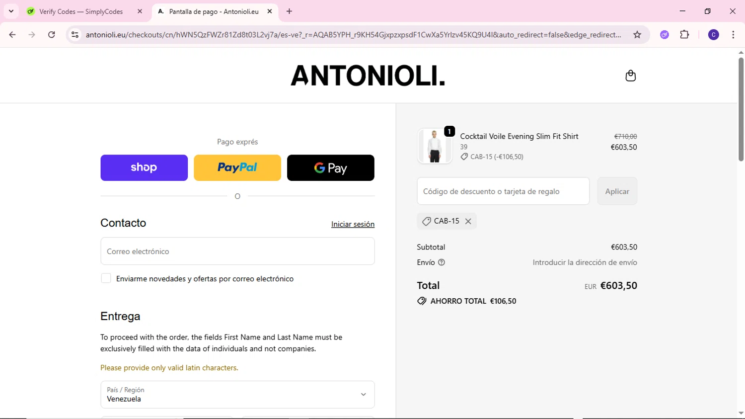 Antonioli discount code screenshot showing code Cab-15 applied at Antonioli checkout page. Uploaded by SimplyCodes community member MoneyWizard2699 on Nov 18, 2025