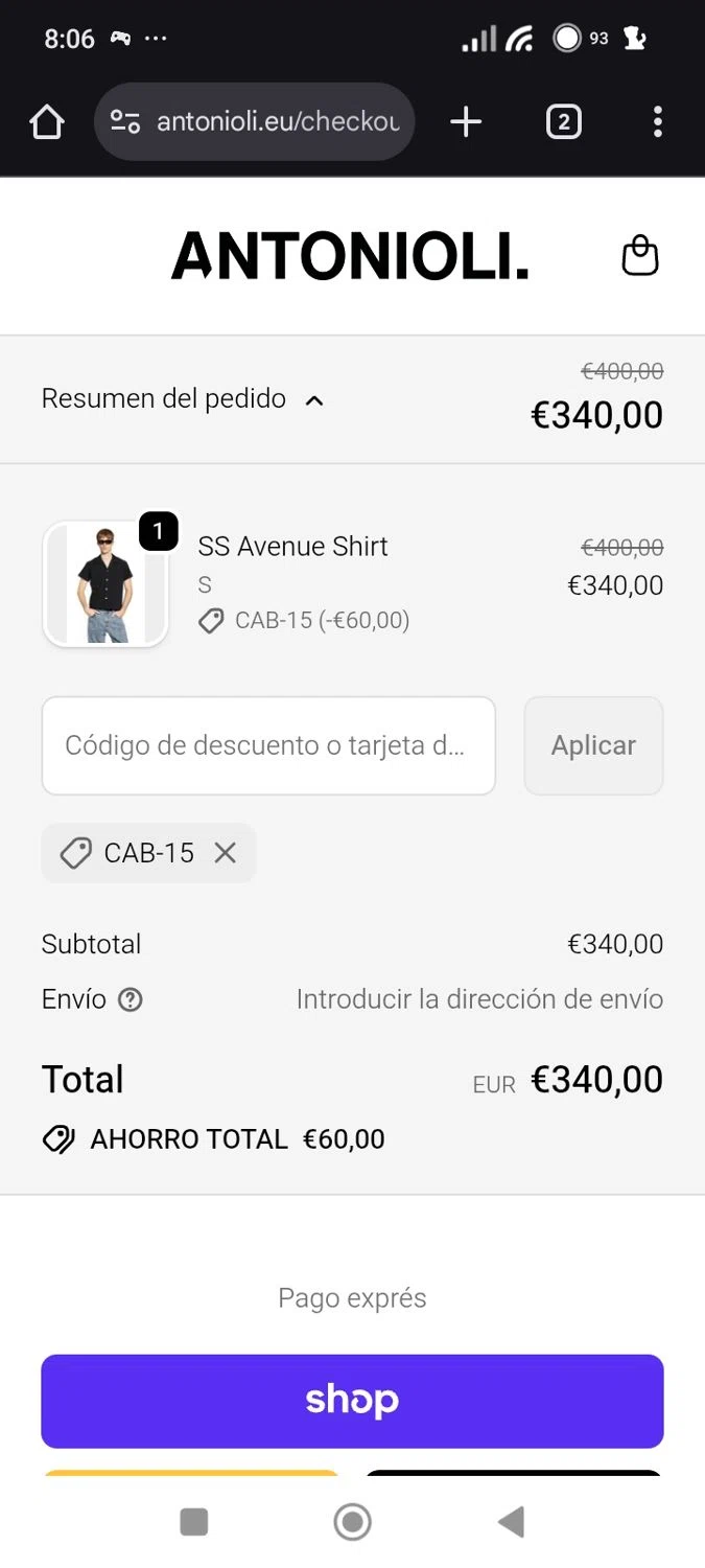 Antonioli discount code screenshot showing code Cab-15 applied at Antonioli checkout page. Uploaded by SimplyCodes community member Original01 on Nov 18, 2025