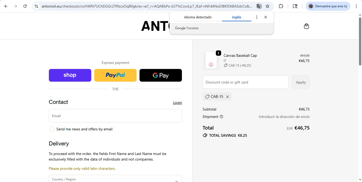 Antonioli discount code screenshot showing code Cab-15 applied at Antonioli checkout page. Uploaded by SimplyCodes community member luffyreturn on Jan 11, 2026